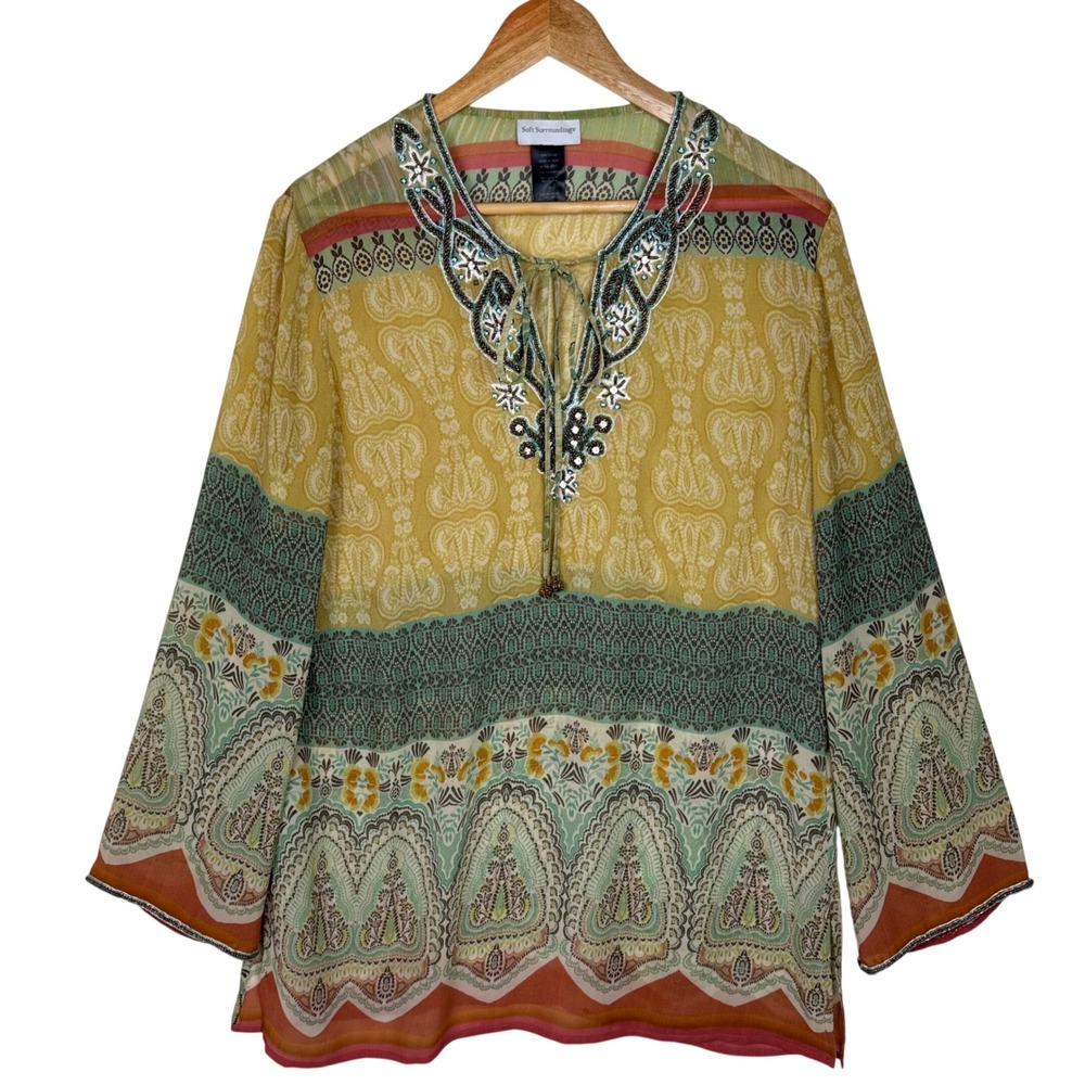 Soft Surroundings Tunic Paisley Beaded Boho Blouse Womens M Sheer Tie Neck Artsy